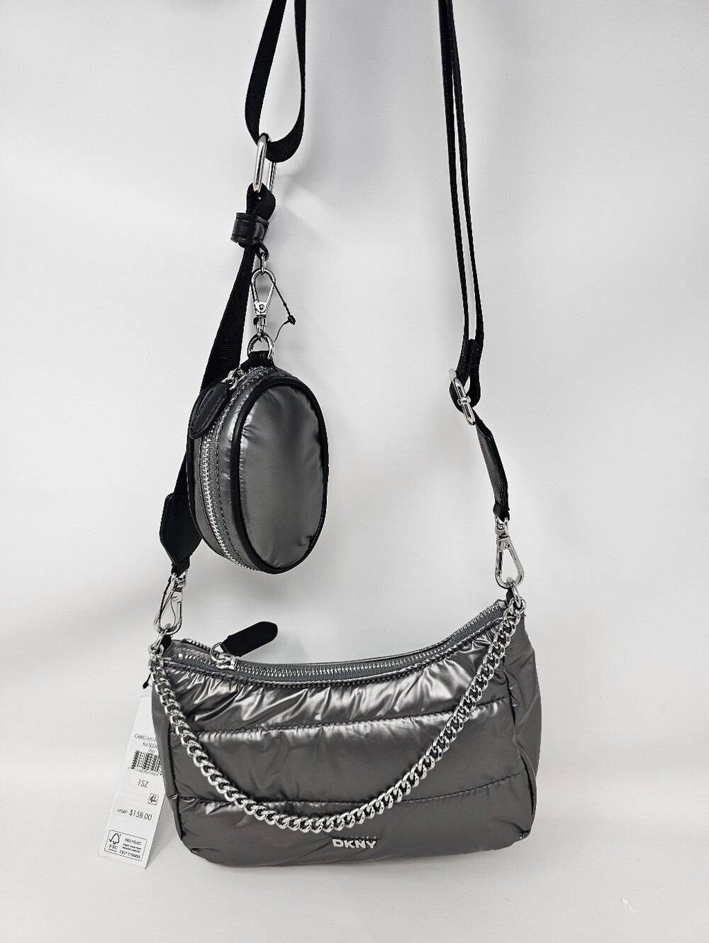 DKNY Metallic Silver Cairo MD Pouchette Crossbody with Small Pouch Bag